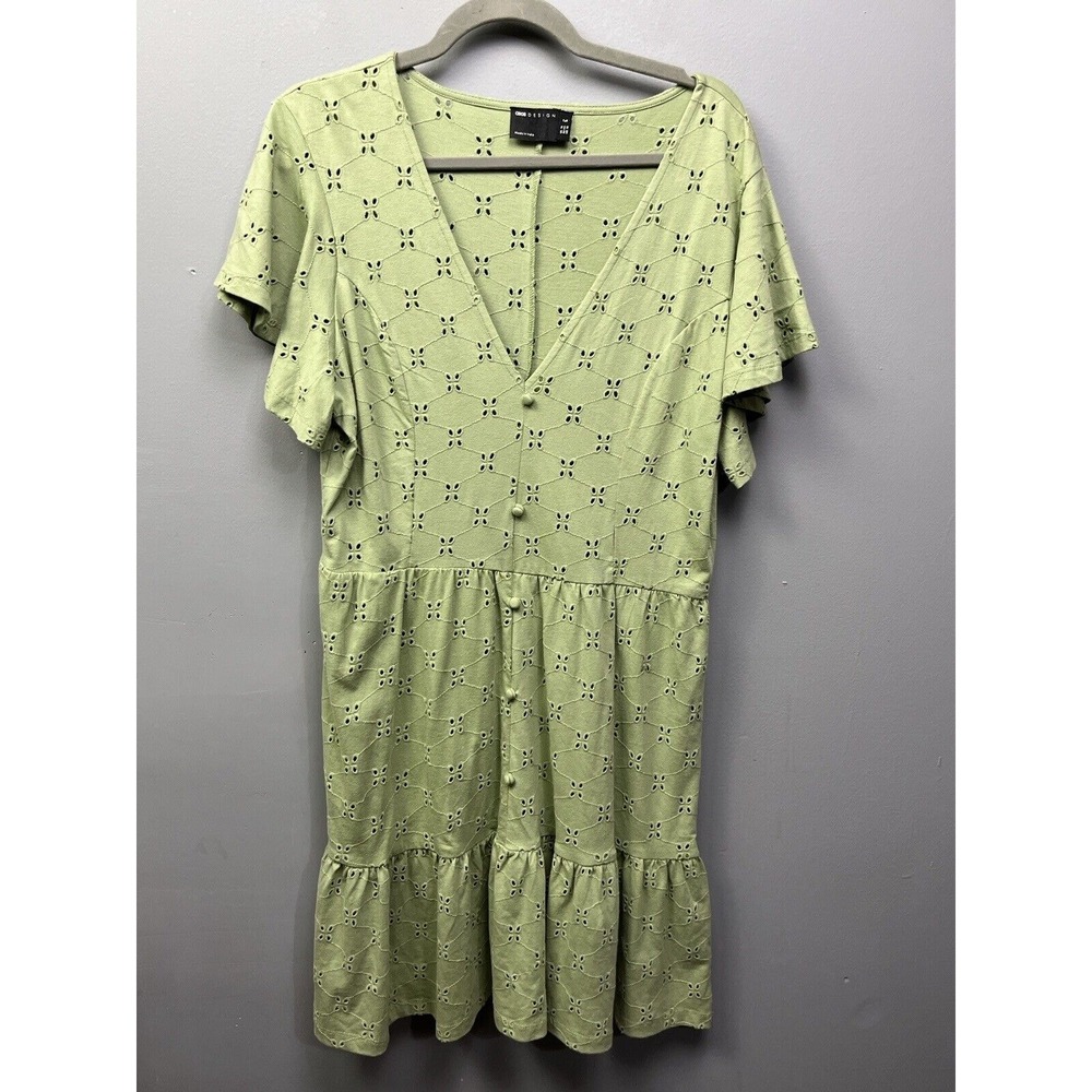 ASOS DESIGN Dress Womens 12 Tall Sage‎ Green Eyelet Babydoll Tiered Cotton Mini